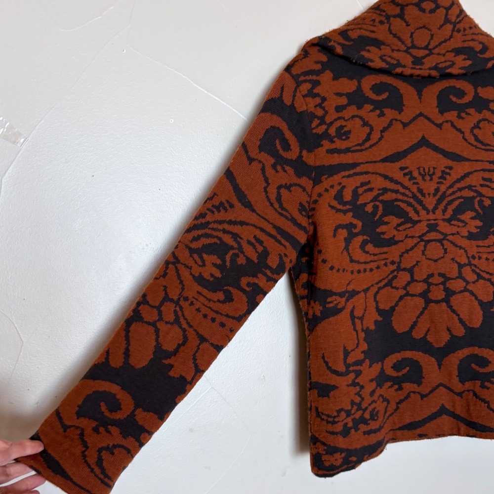 Jones New York Collection 100% Merino Wool Damask Cardigan Sweater Rust Brown M - Picture 3 of 9